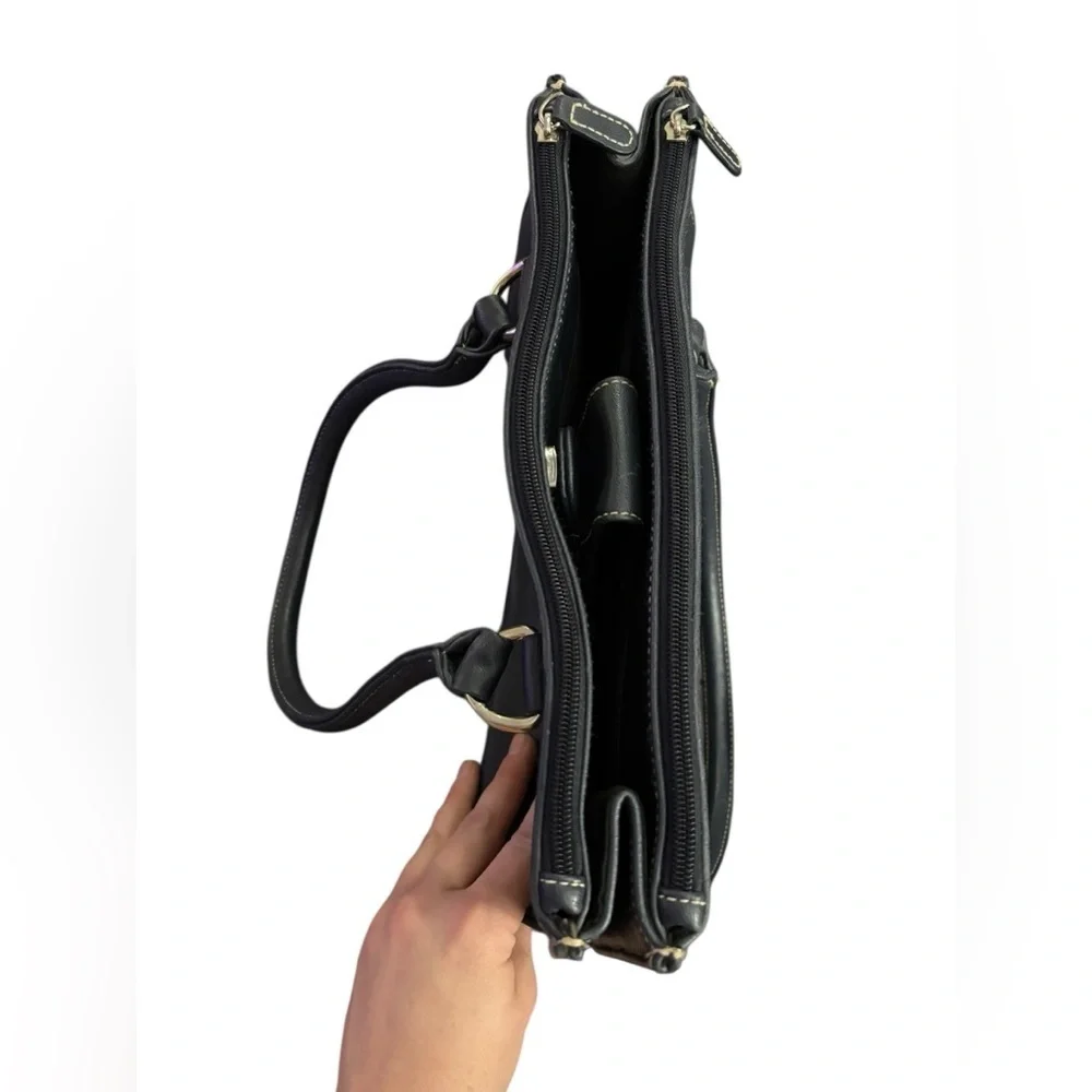 Vintage Chic Navy Faux Leather Satchel with Lots of Storage and Silver Accents - Picture 4 of 16